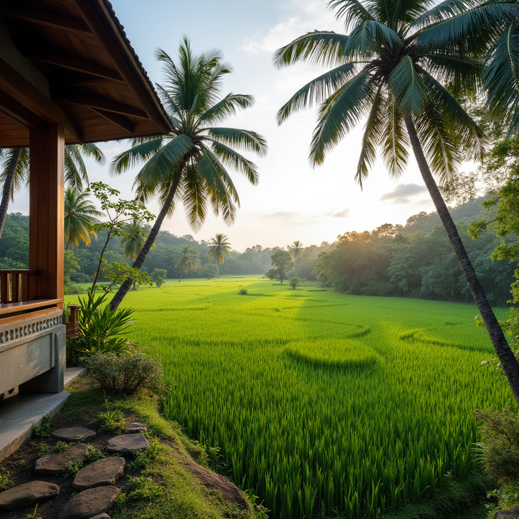 Tradycyjny tajski guesthouse wśród palm z widokiem na pola ryżowe
