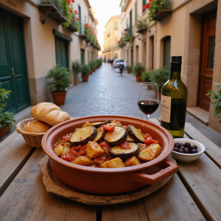 Tradycyjne danie tumbet na tle uliczki w Palmie z lokalnymi produktami