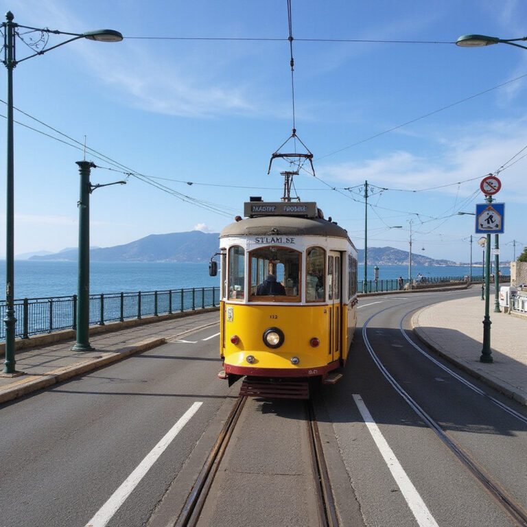 Tramwaj T1 w Nicei jadący wzdłuż wybrzeża z widokiem na morze