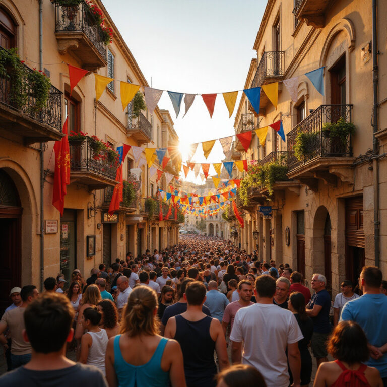 Kolorowa ulica podczas festa w maltańskiej wiosce z tłumem ludzi i dekoracjami