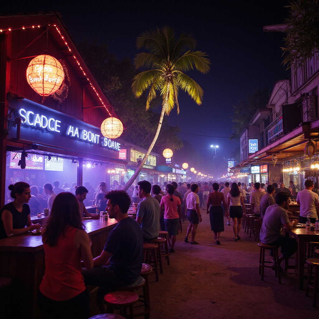 Ulica przy Diani Beach Road z klubami i barami nocą, tętniąca życiem turystycznym