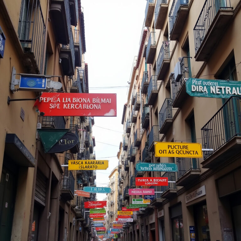 ulica w Barcelonie z kolorowymi szyldami w języku katalońskim