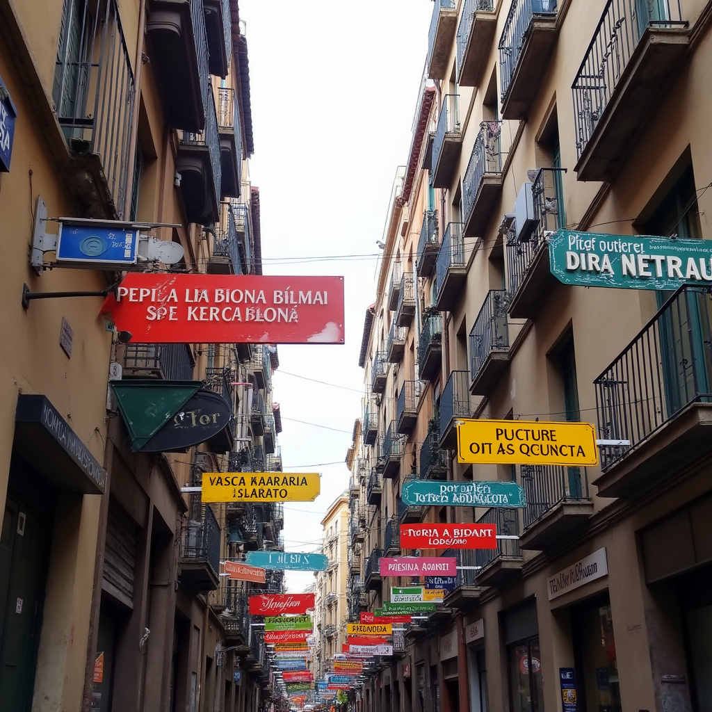 ulica w Barcelonie z kolorowymi szyldami w języku katalońskim