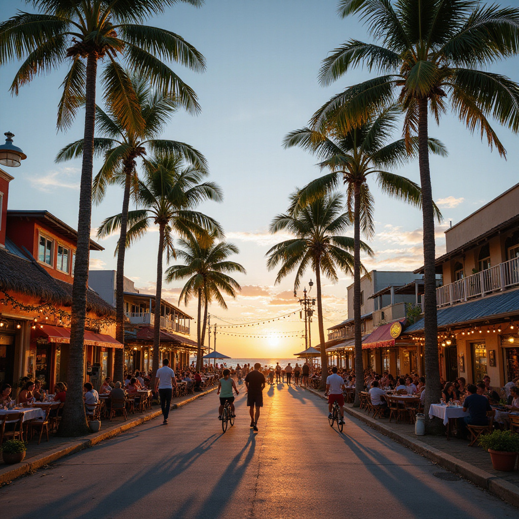 Ulica w Cabarete z lokalnymi restauracjami i palmami, tętniąca życiem atmosfera
