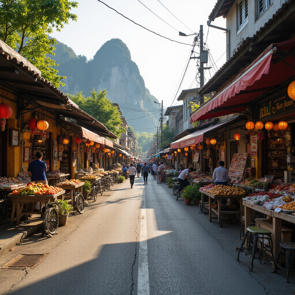 Ulica w Da Nang prowadząca do Gór Marmurowych z lokalnymi straganami