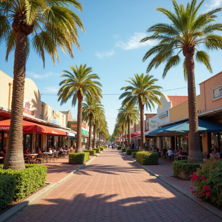 Widok na ulicę w Darwin z lokalnymi restauracjami i palmami, idealne miejsce na podróż do Darwin
