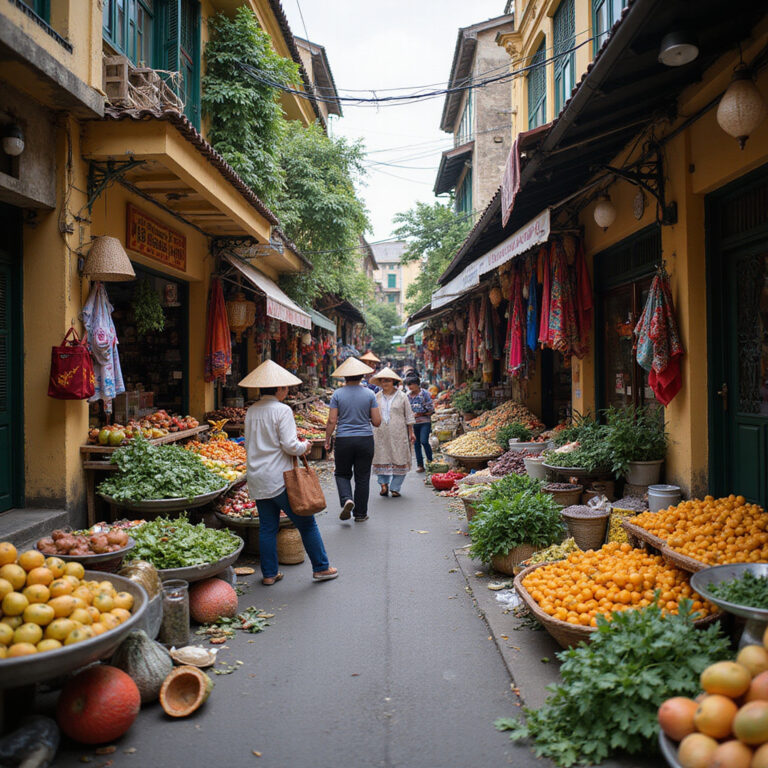 Tanie podróże Wietnam - ulica w Hanoi z lokalnym targiem