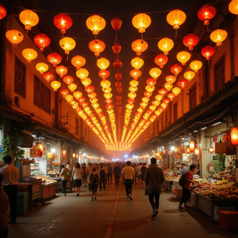 Ulica w Hue w trakcie festiwalu z kolorowymi lampionami i straganami