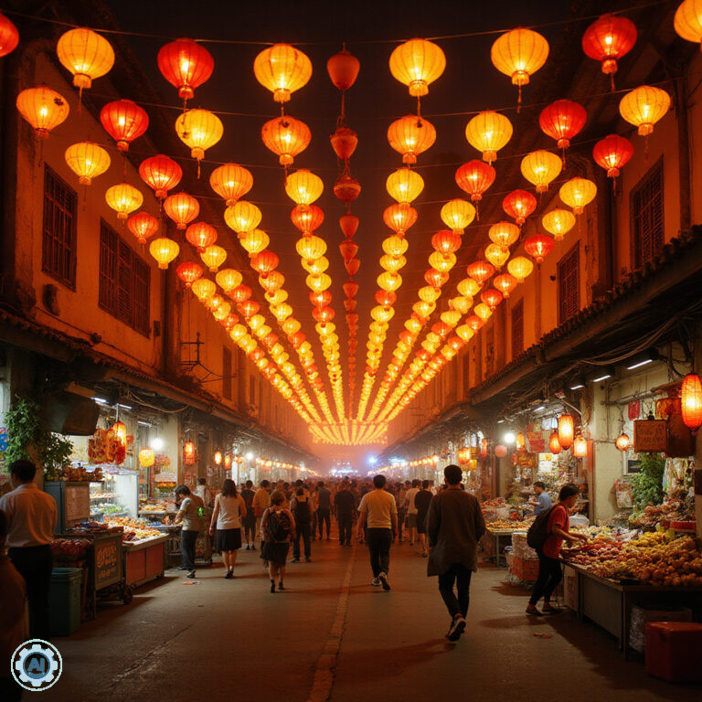 Ulica w Hue w trakcie festiwalu z kolorowymi lampionami i straganami