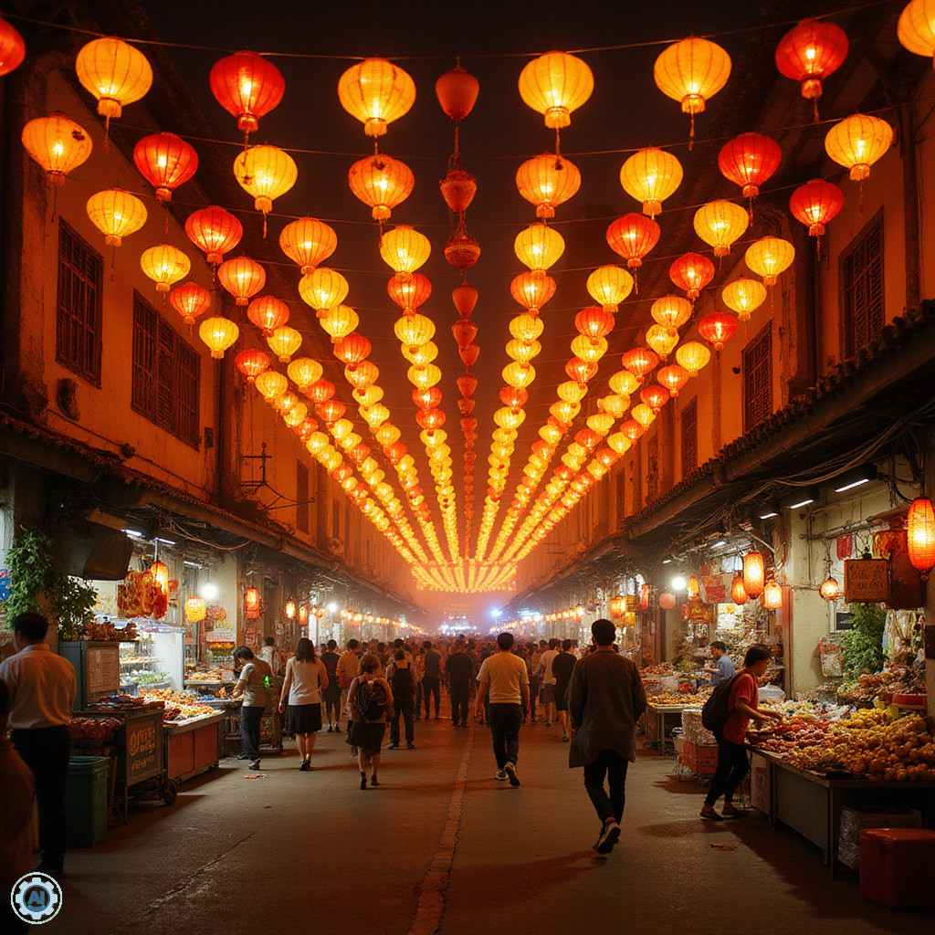 Ulica w Hue w trakcie festiwalu z kolorowymi lampionami i straganami