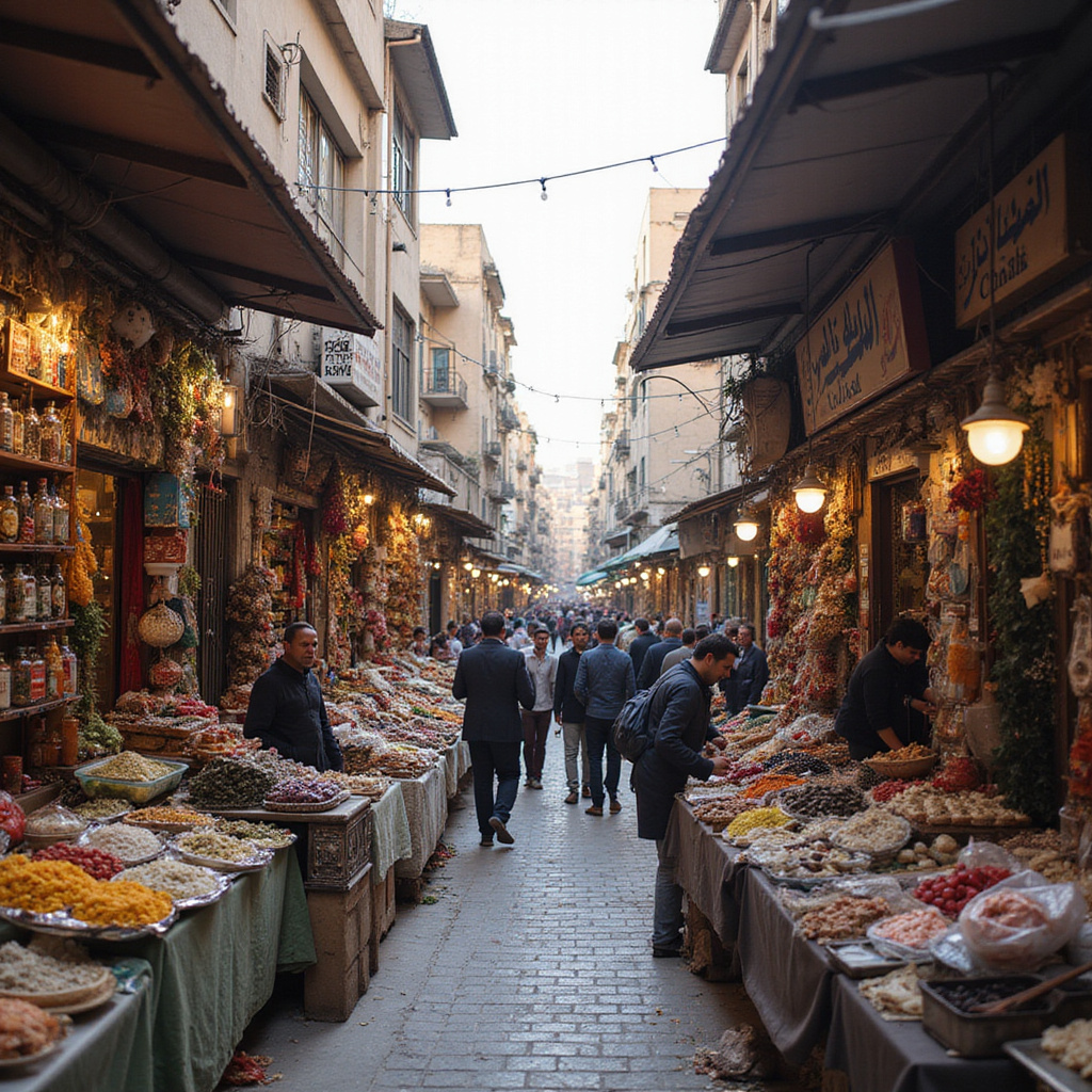 Ulica w Kairze z targowiskiem, życie codzienne Egipcjan