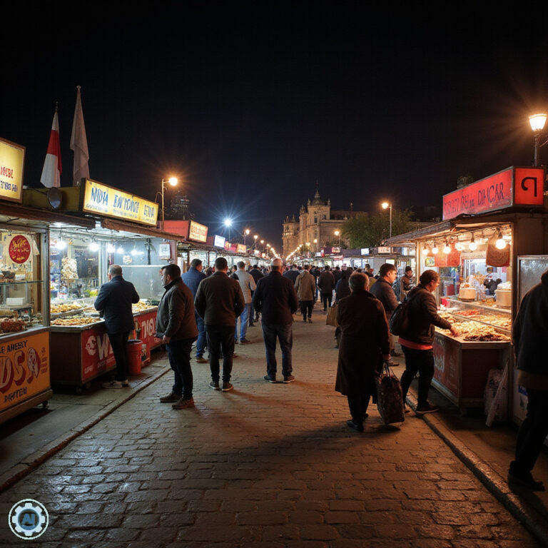 Ulica w Port Ghalib nocÄ
z oĆwietlonymi straganami i aromatem street foodu