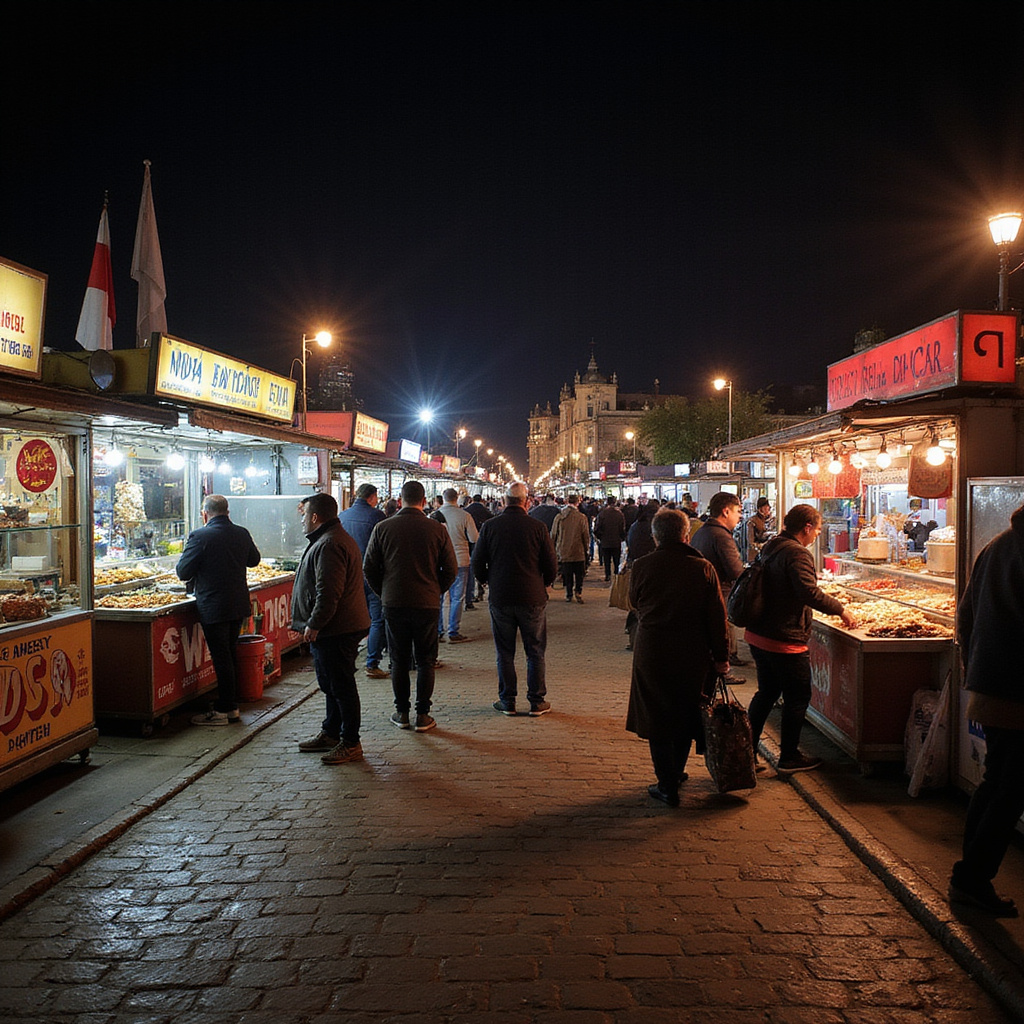 Ulica w Port Ghalib nocą z oświetlonymi straganami i aromatem street foodu