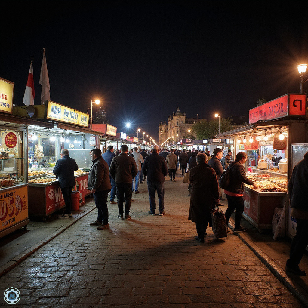 Ulica w Port Ghalib nocą z oświetlonymi straganami i aromatem street foodu