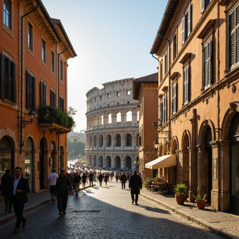Ulica w Rzymie z widokiem na Koloseum, włoska architektura i historia