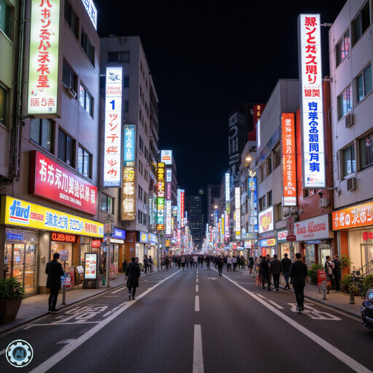 Ulica w Tokio z neonami Shinjuku, tętniąca życiem nocą, noclegi w Tokio