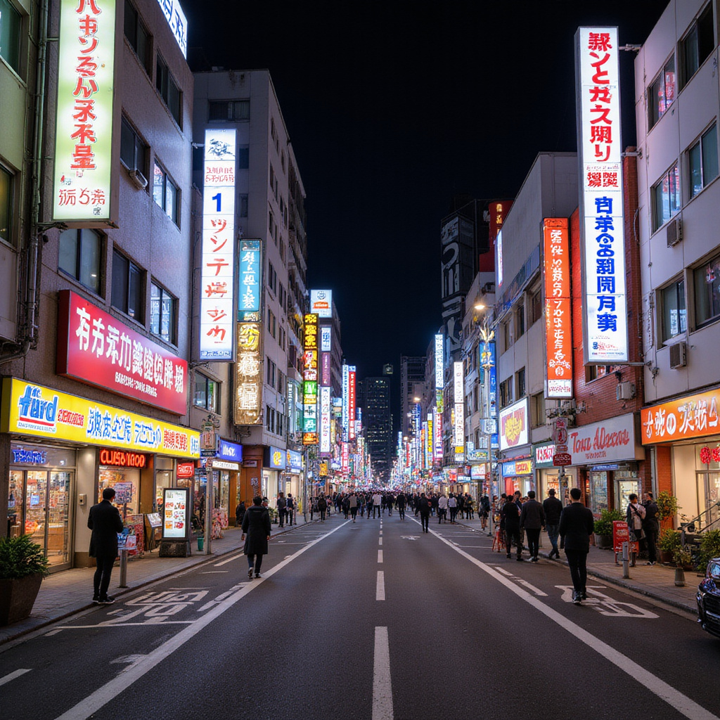 Ulica w Tokio z neonami Shinjuku, tętniąca życiem nocą, noclegi w Tokio