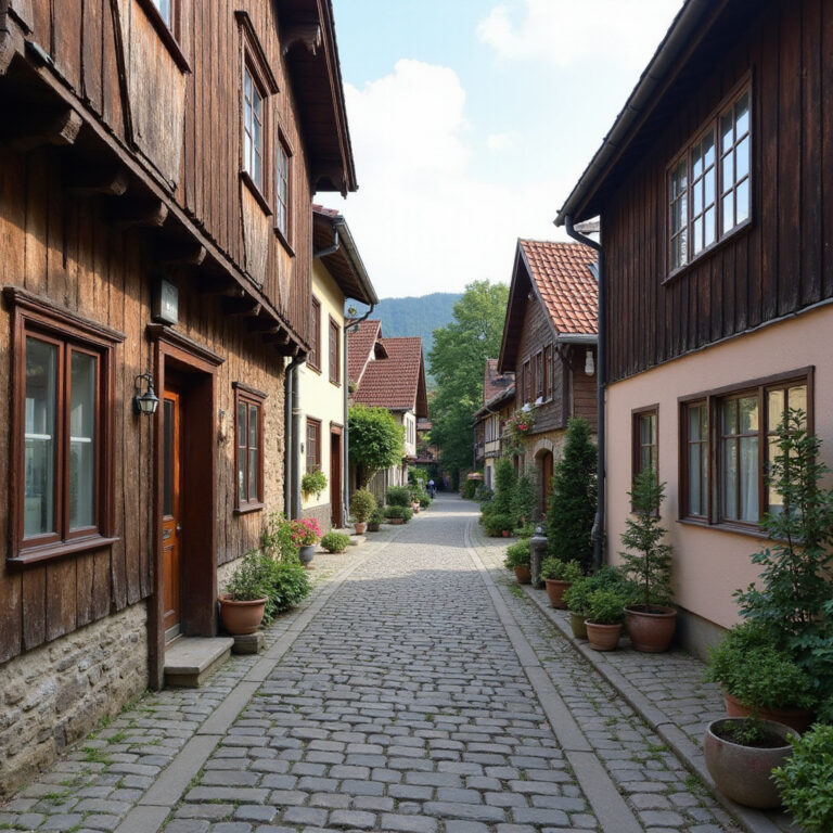 Ulica w Kuldīdze z drewnianymi domami i brukowaną nawierzchnią, UNESCO Stare Miasto