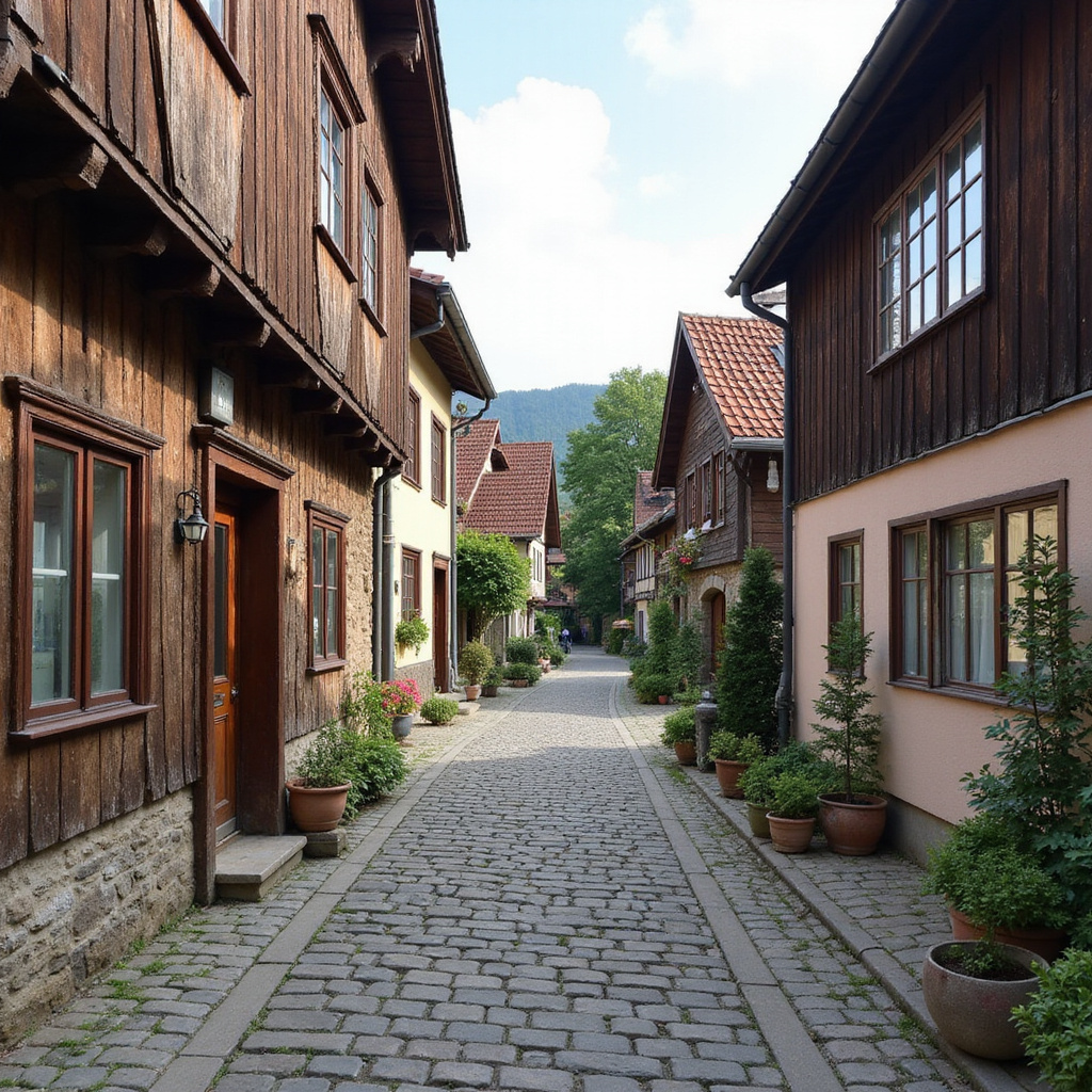 Ulica w Kuldīdze z drewnianymi domami i brukowaną nawierzchnią, UNESCO Stare Miasto