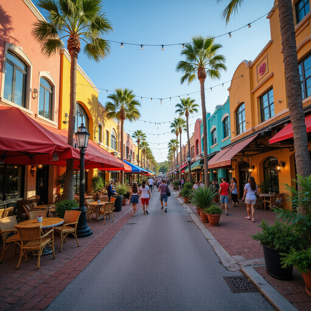 Ulica w Orlando z restauracjami i sklepami, turystyczne miejsce, zwiedzanie
