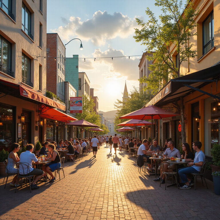 Ulica w Canberze z kolorowymi restauracjami i kawiarniami, idealne miejsce na lunch