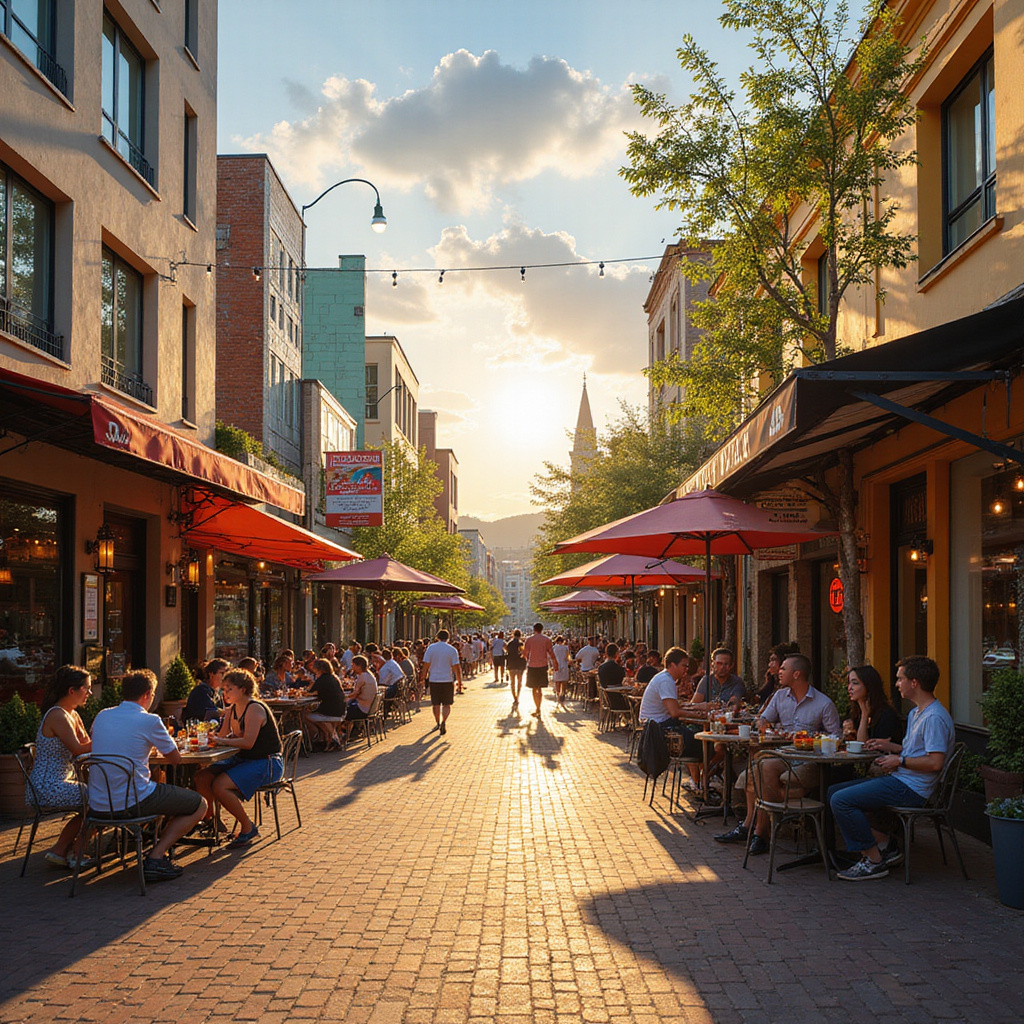 Ulica w Canberze z kolorowymi restauracjami i kawiarniami, idealne miejsce na lunch