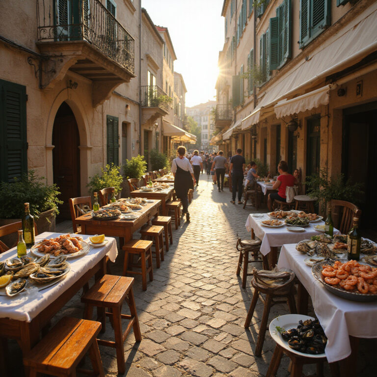 Ulica w Dubrowniku z lokalnymi restauracjami i owocami morza