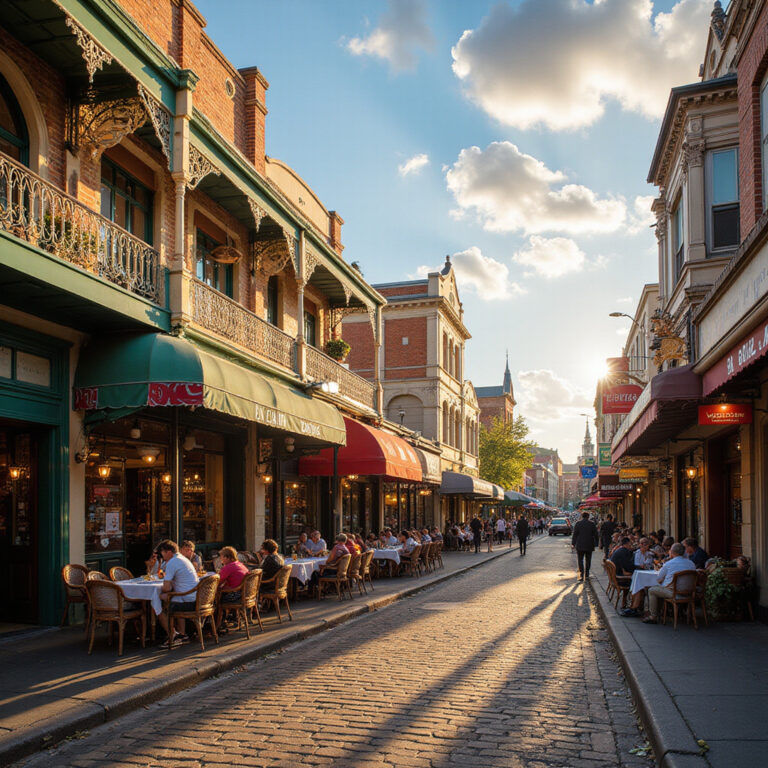 Ulica w Melbourne z kolorowymi restauracjami i kawiarniami, idealne miejsce na kulinarne odkrycia