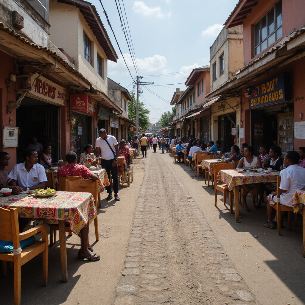 Ulica w Mombasie z restauracjami serwującymi tradycyjne dania kuchni suahili
