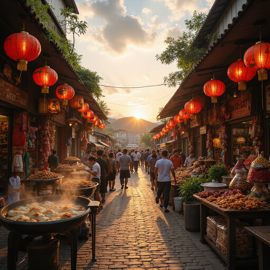 Ulica w Nha Trang wypełniona straganami z lokalnym street foodem i pamiątkami