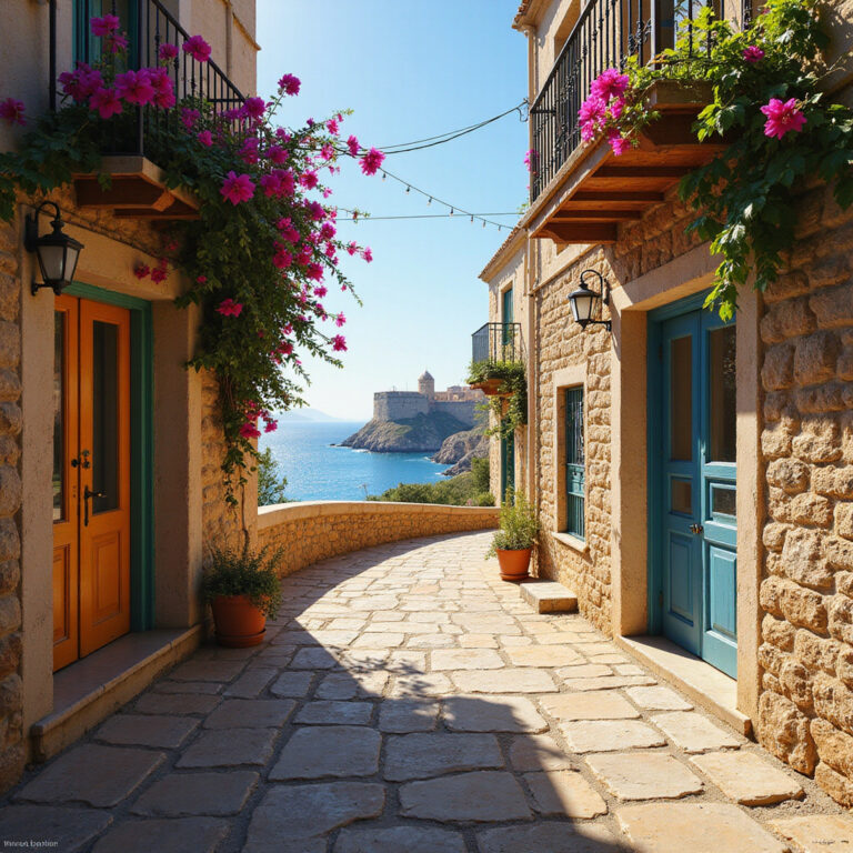 Uliczka w Heraklionie z widokiem na Twierdzę Koules, idealna na spacer