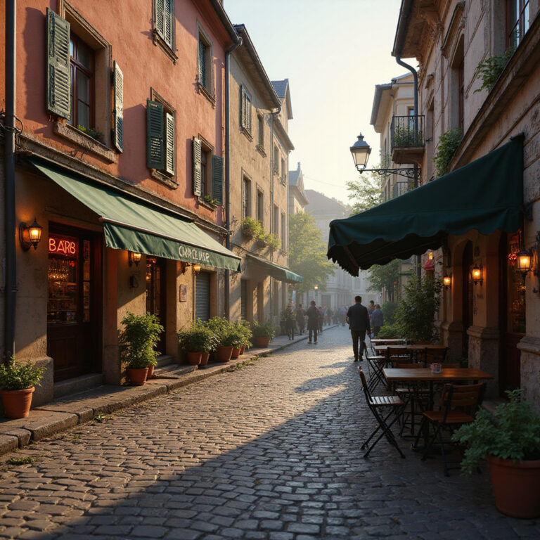 Uliczka w Kazimierzu Dolnym z zabytkowymi kamienicami i klimatycznym barem w tle