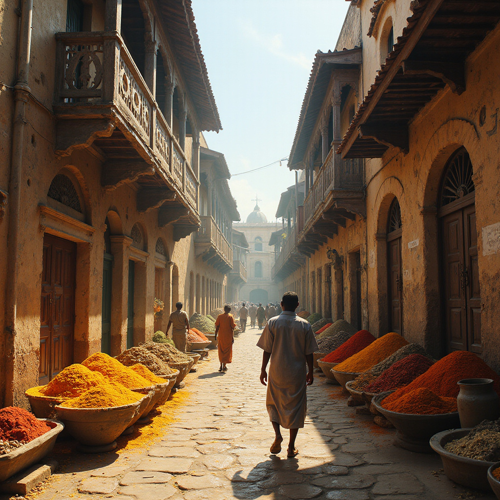 Uliczka w Old Town Mombasa z kolorowymi straganami przypraw