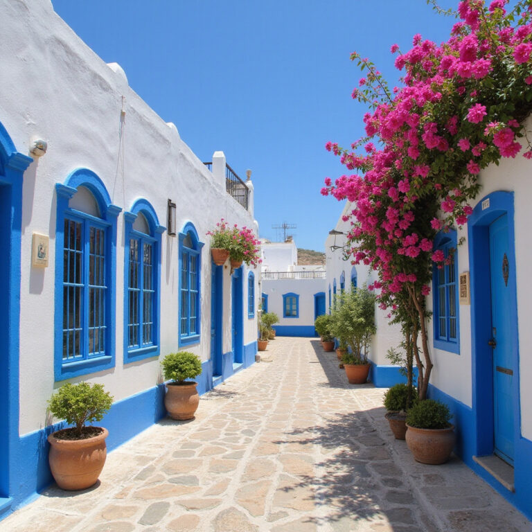 Uliczka w Sidi Bou Said z charakterystycznymi biało-niebieskimi domami i kwitnącymi kwiatami