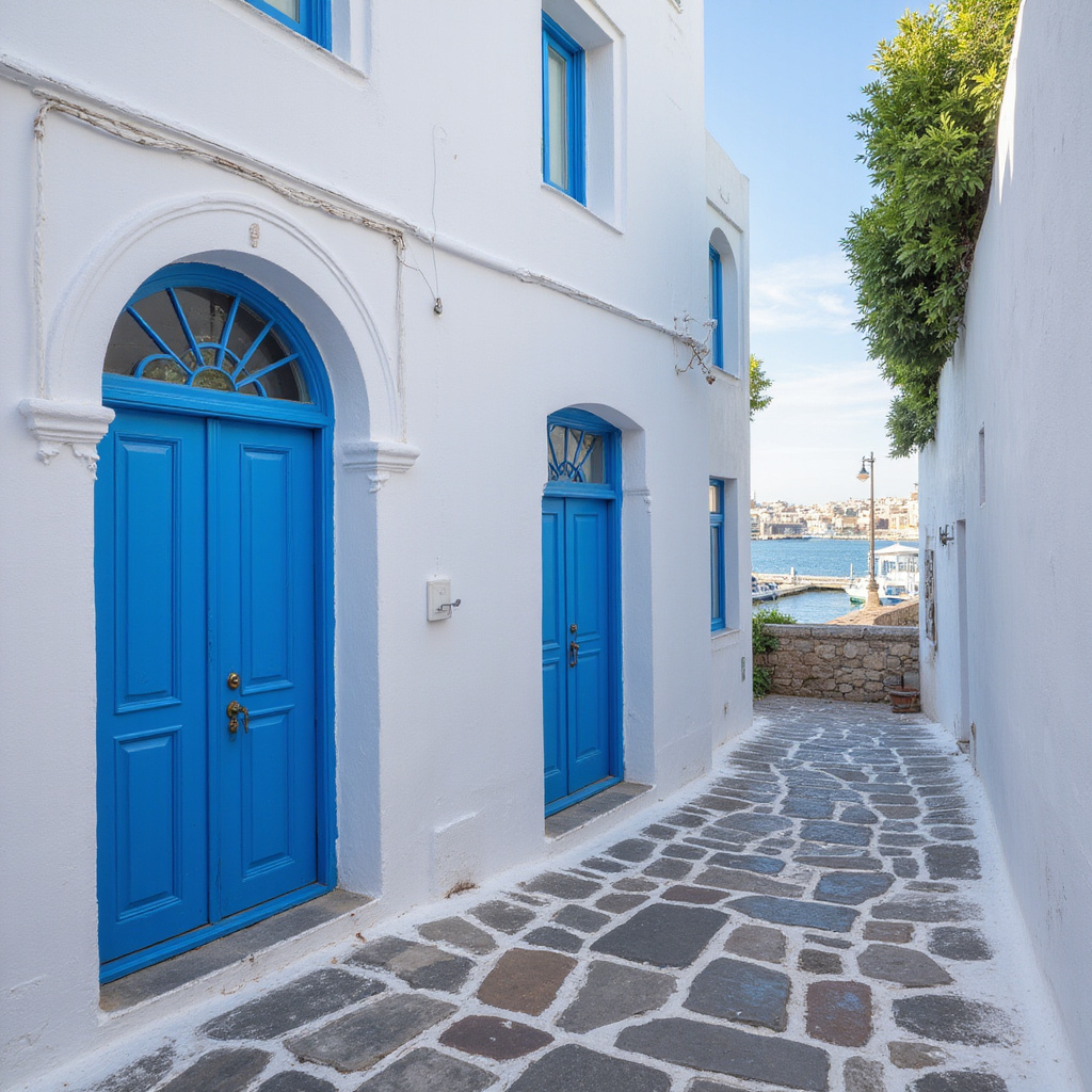 Uliczka w Sidi Bou Said z widokiem na port – błękitne drzwi i biała architektura