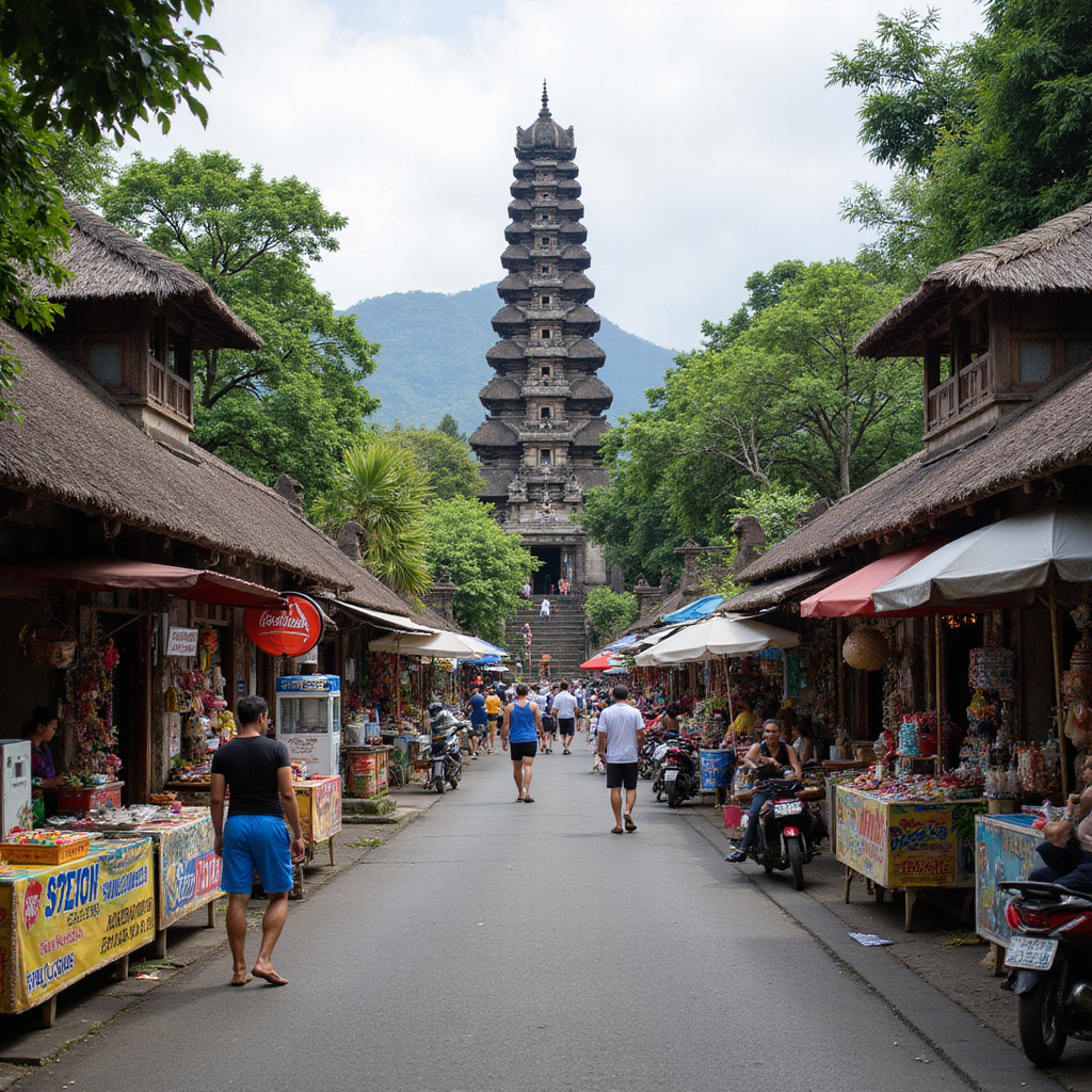 Ulica w Ubud z lokalnymi straganami i świątynią w tle