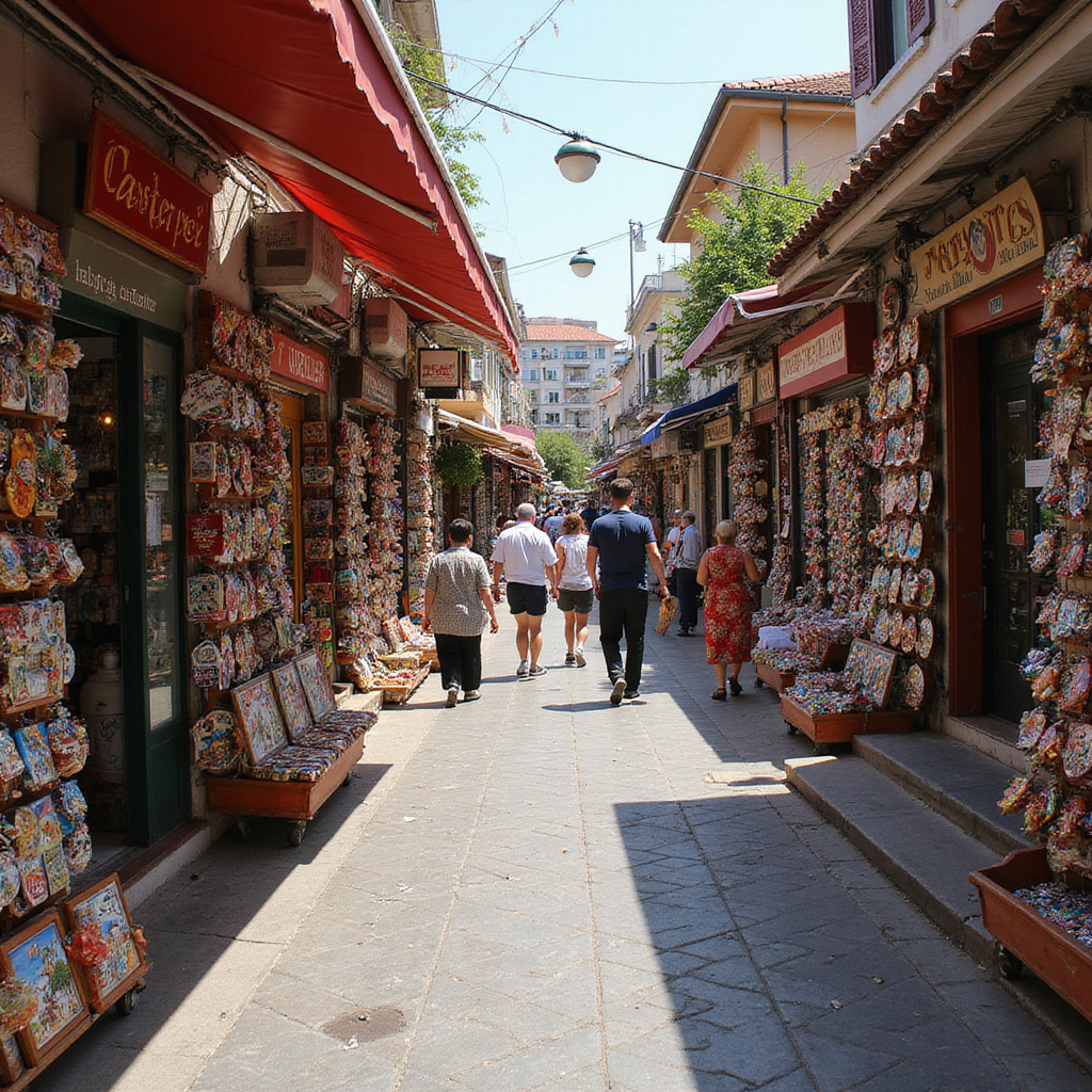 Uliczka w Antalyi otoczona straganami z ręcznie malowanymi pamiątkami