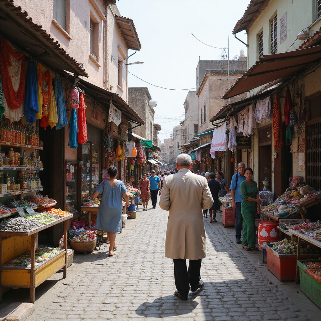 Ulica w Lamou z kolorowymi straganami i lokalnymi mieszkańcami