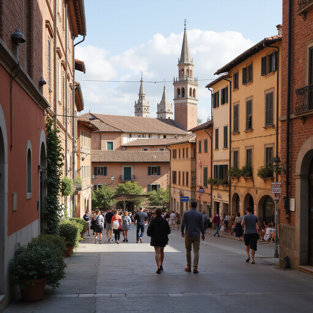 Spacer po ulicy w Bolonii z widokiem na czerwone dachy i zabytkowe wieże