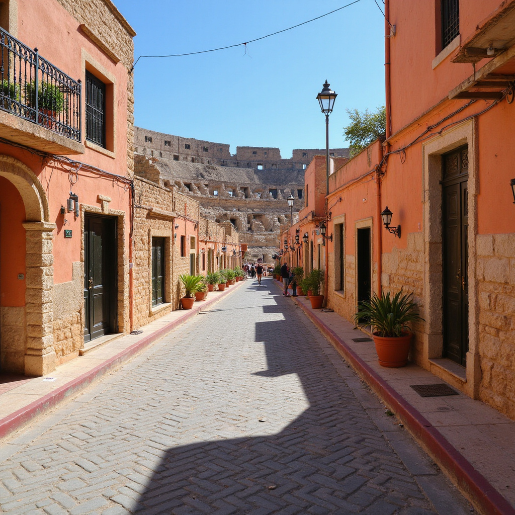 Ulica w El Djem z widokiem na amfiteatr, lokalna atmosfera, tunezyjskie klimaty