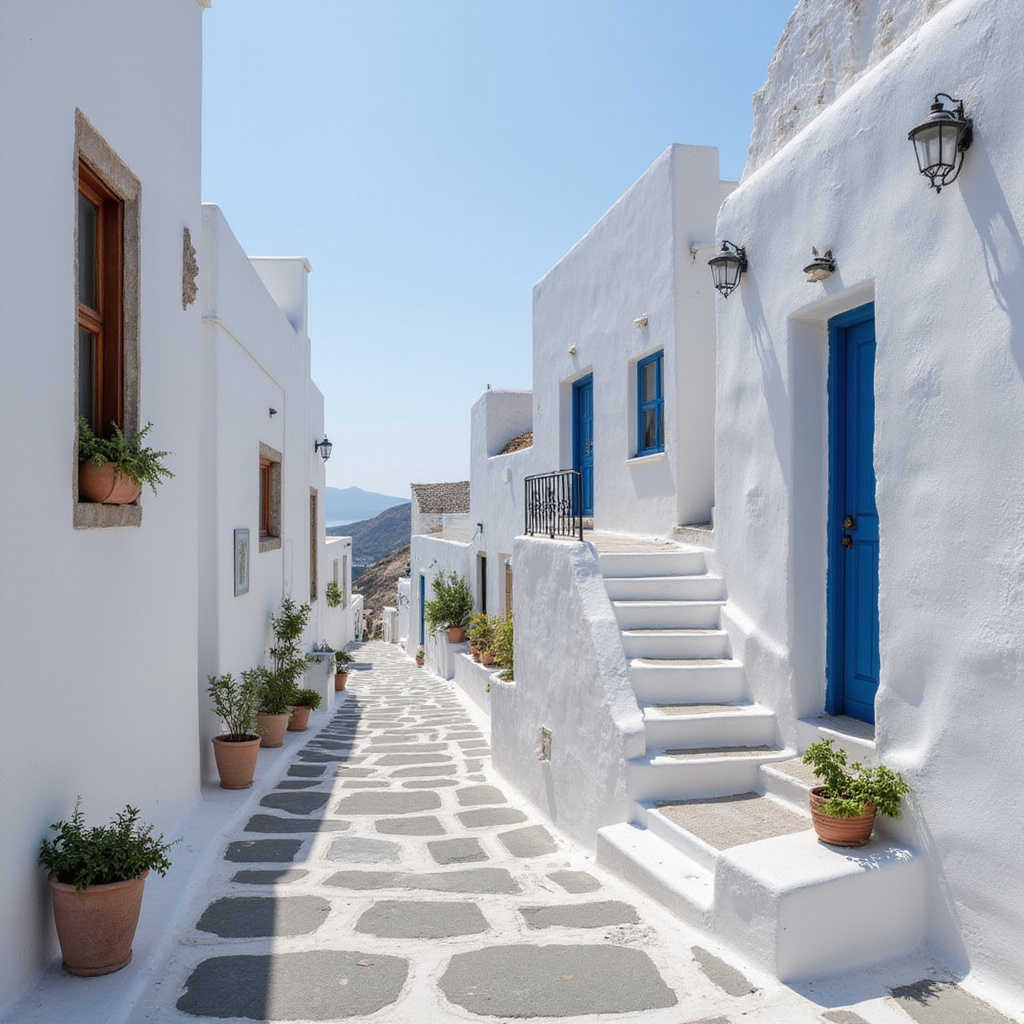 wąskie uliczki Santorynu z białymi schodami - architektura grecka