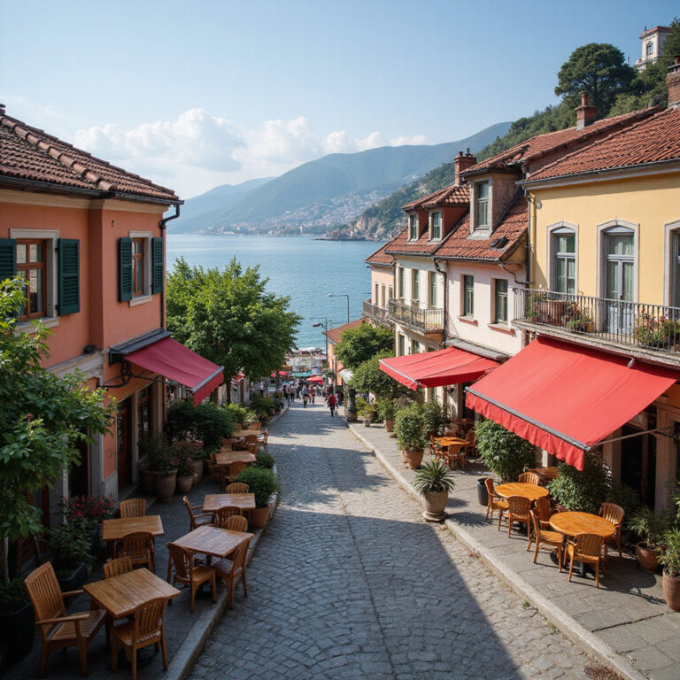 Widok na ulice Trabzonu z kawiarniami i morzem w tle, idealne miejsce na relaks
