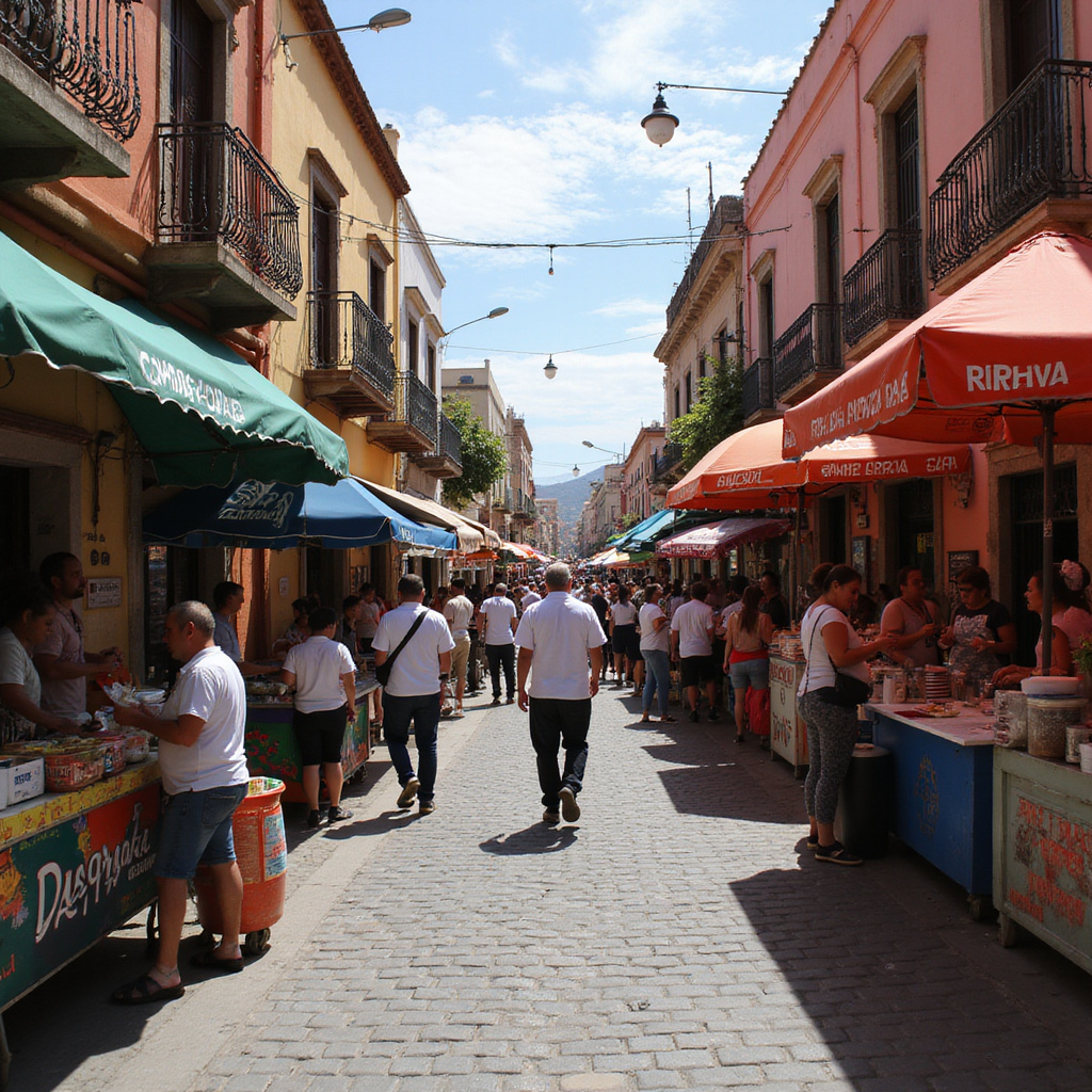 Ulica w Meksyku z lokalnymi straganami z jedzeniem