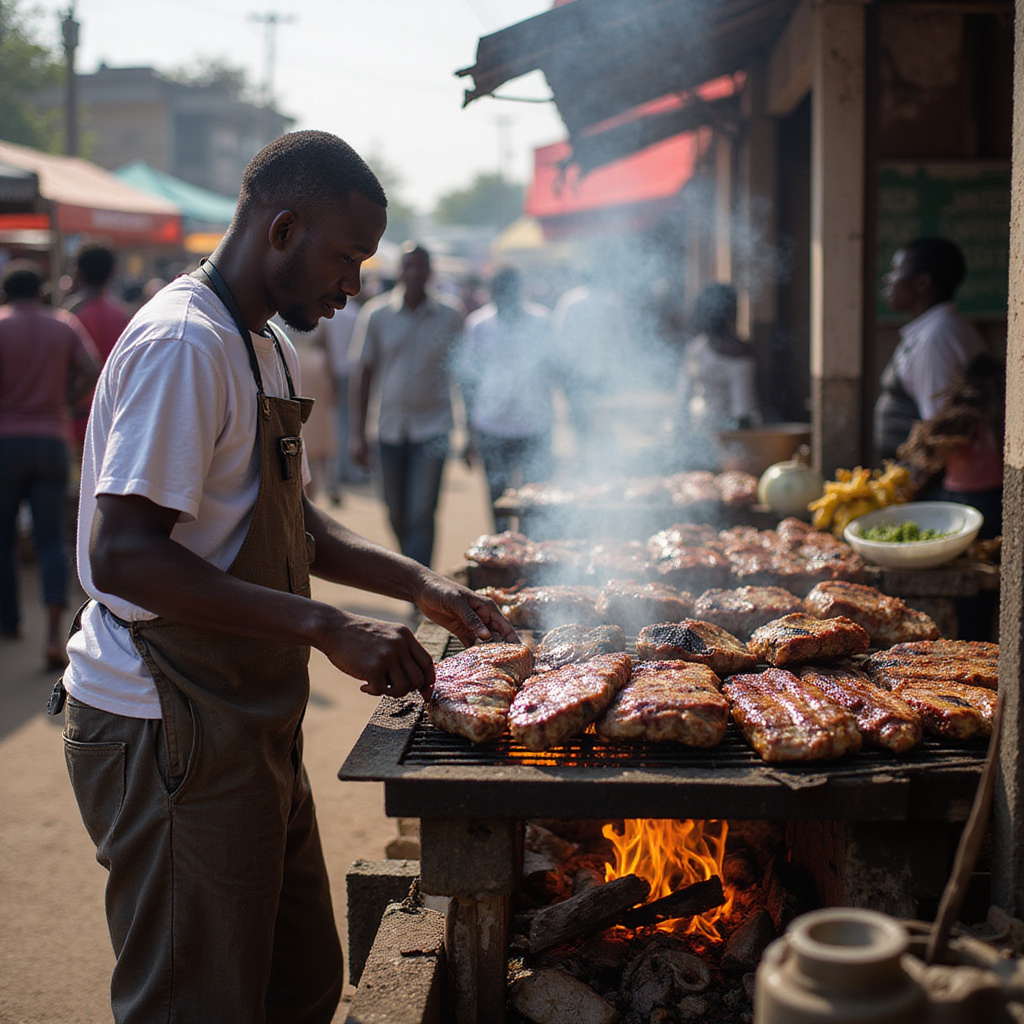 Uliczny sprzedawca serwujący nyama choma na targu w Nairobi