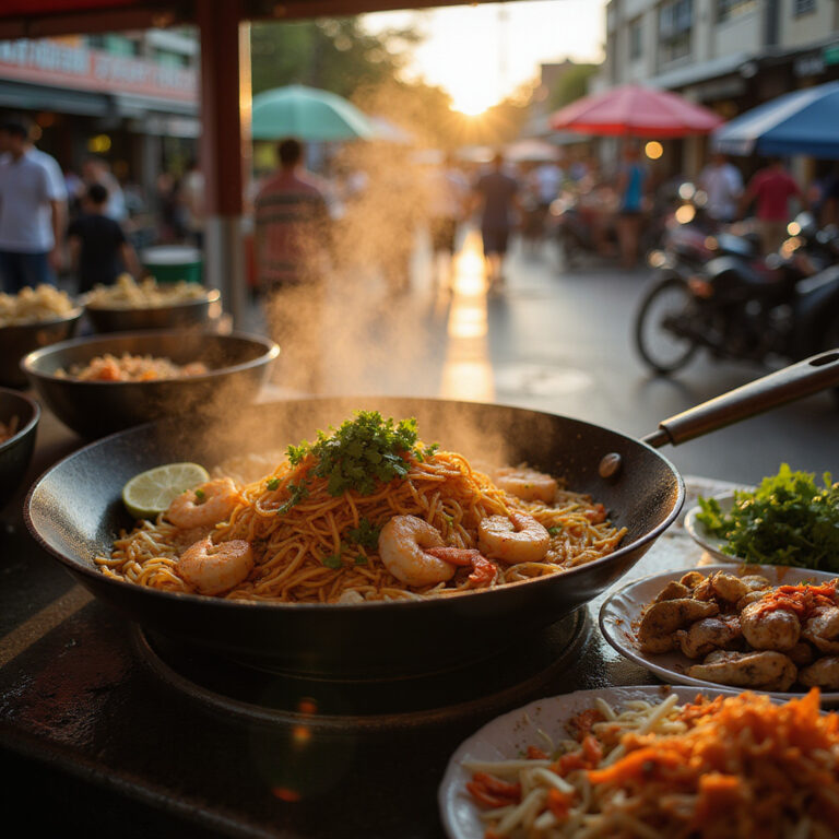 Uliczny stragan z tajskim jedzeniem w Hua Hin, pad thai i owoce morza