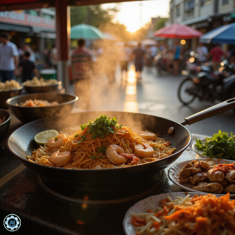 Uliczny stragan z tajskim jedzeniem w Hua Hin, pad thai i owoce morza