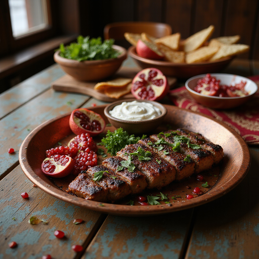 Urfa kebab podawany z jogurtem i granatem na tureckim stole
