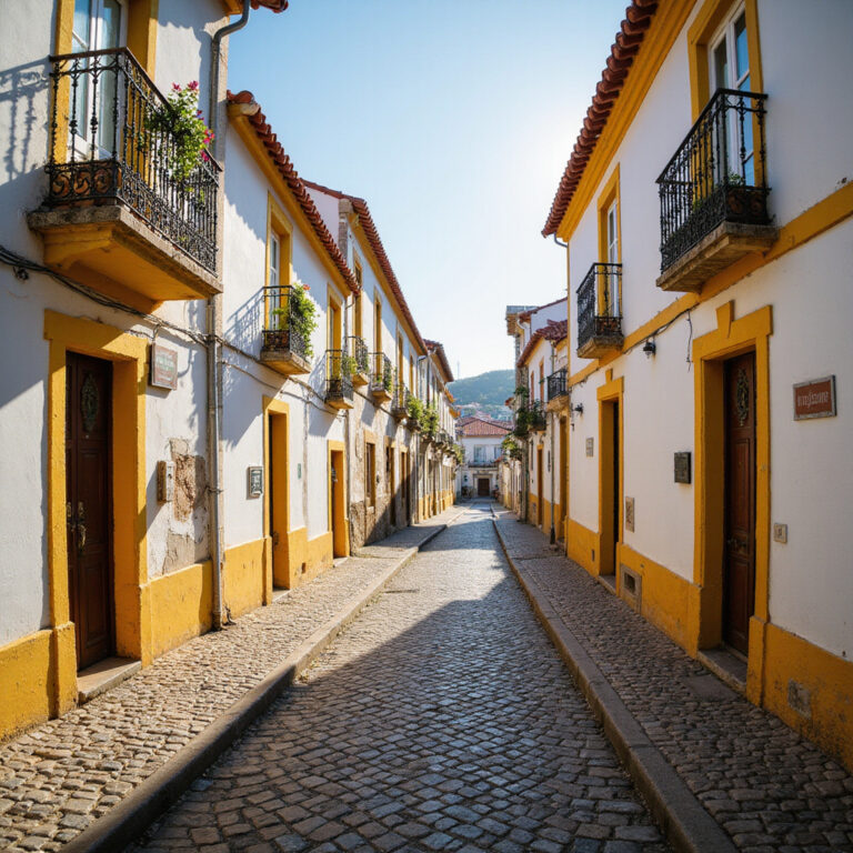 Urokliwa uliczka w Évorze z białymi domami i brukowaną nawierzchnią