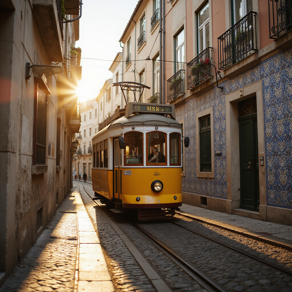 Wąska uliczka w Lizbonie z charakterystycznymi azulejos i tramwajem, gdzie czuć saudade