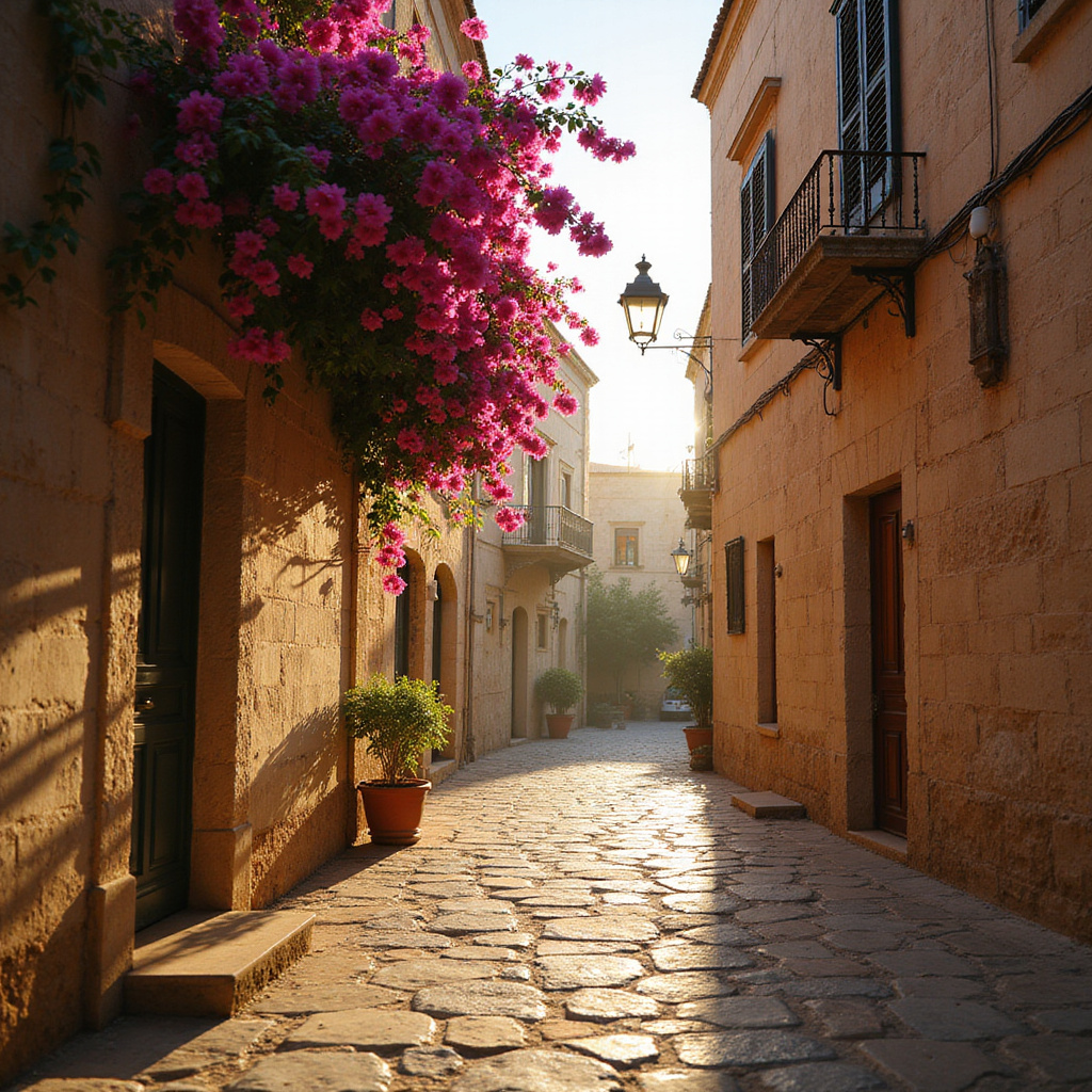 Wąskie przejście w Mdinie otoczone kamiennymi murami i kwitnącymi roślinami